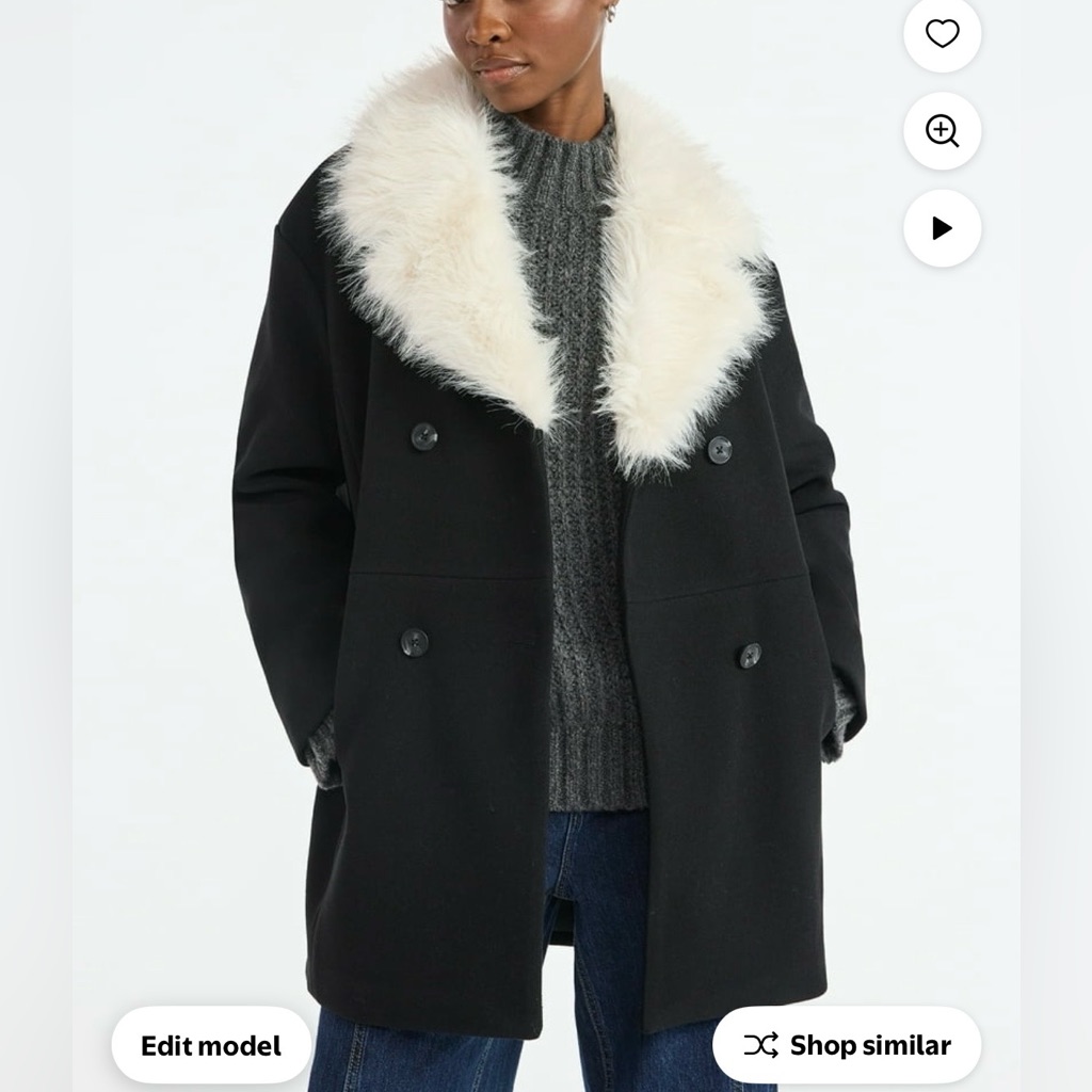 Scoop Black Oversized Heavyweight Pea Coat With Cream Faux-Fur Collar